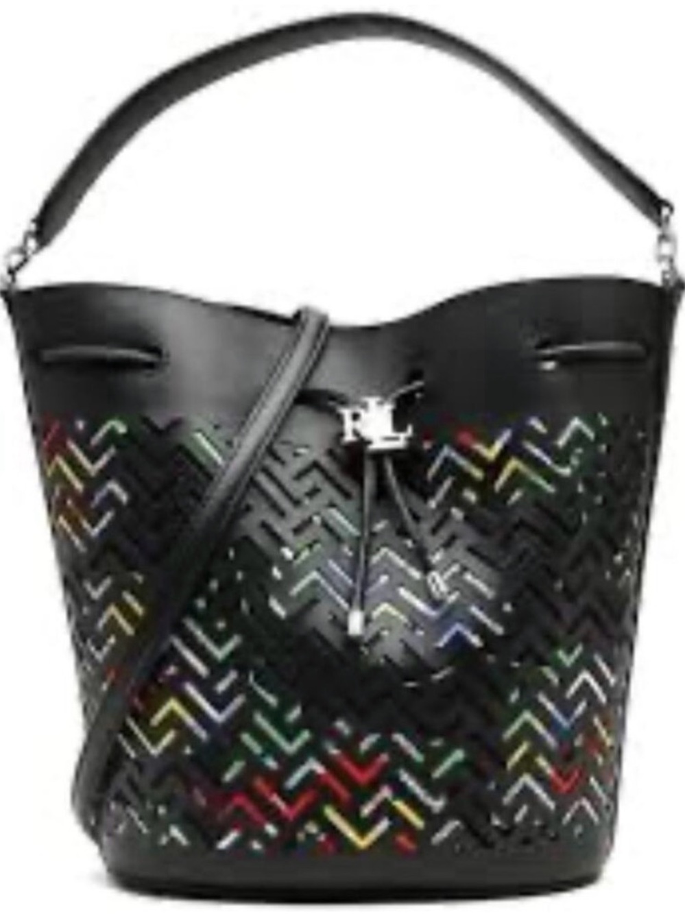 Lauren Ralph Lauren Black Leather Laser-Cut Bucket Bag with Multicolor Underlay